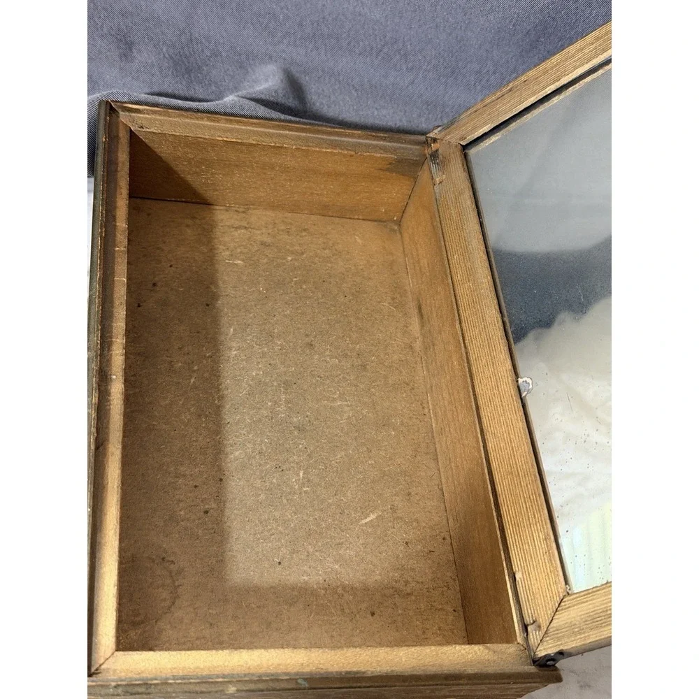 Really Old Wooden Jewelry Box With Mirror Floral Glass Top (A3195)